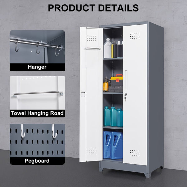 English Elm Broom and Mop Steel Utility Cabinet with Locking Doors Hanging Rod Adjustable Shelves T3625P372663