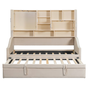 English Elm Twin Upholstered Daybed with LED Armrest Lighting, Hidden Storage Shelves & Lift-Up Pull-Out Trundle Beige SF000198AAA