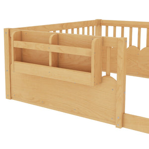 English Elm Twin Low Profile Kids Floor Bed Pine Wood Frame with Safety Rail and Built in Bookshelf Natural W1580P373141