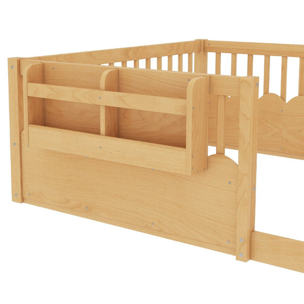 English Elm Twin Low Profile Kids Floor Bed Pine Wood Frame with Safety Rail and Built in Bookshelf Natural W1580P373141