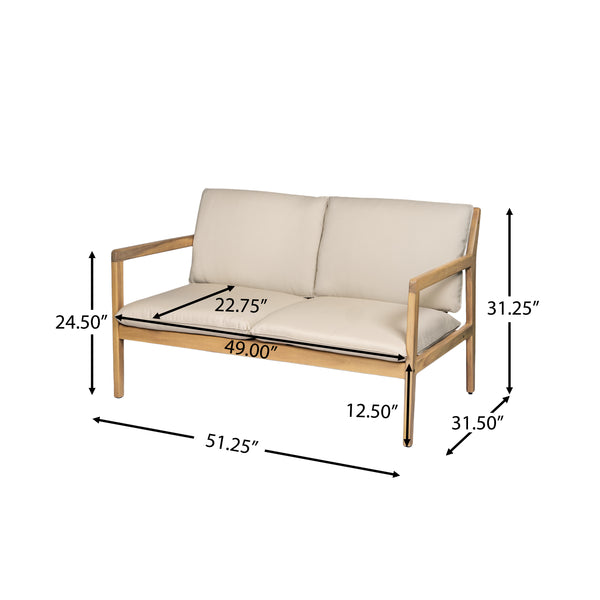 English Elm Christopher Knight Home® - Outdoor Acacia Wood Loveseat with Coffee Table — Light Teak Frame, Beige Water-Resistant Cushions, Slat Design and Durable Hardwood Finish N772P247683L