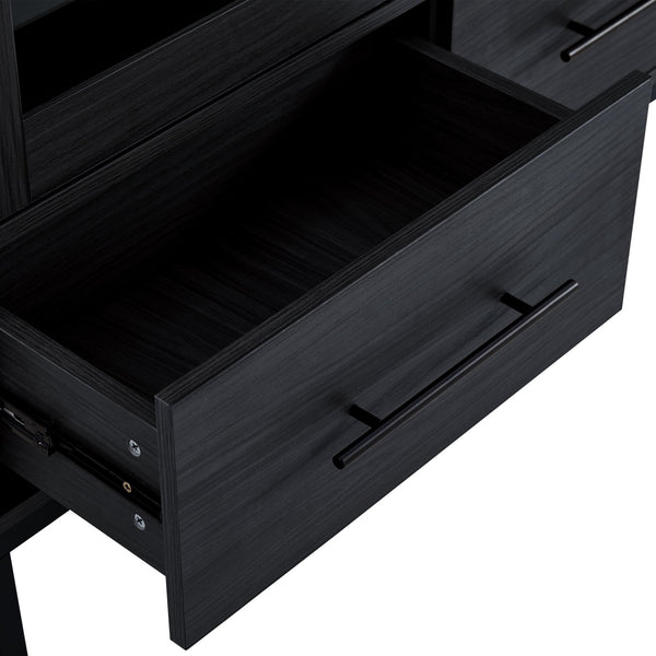 English Elm 60'' Tall Display Cabinet with LED Lighting, Tempered Glass Doors, 4 Adjustable Shelves & Drawers Black N845P261801B
