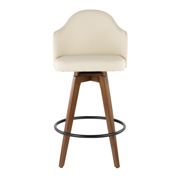 English Elm Ahoy Mid-Century Counter Stool Walnut Frame with Faux Leather Upholstery and 360° Swivel Comfort Cream B202P222358