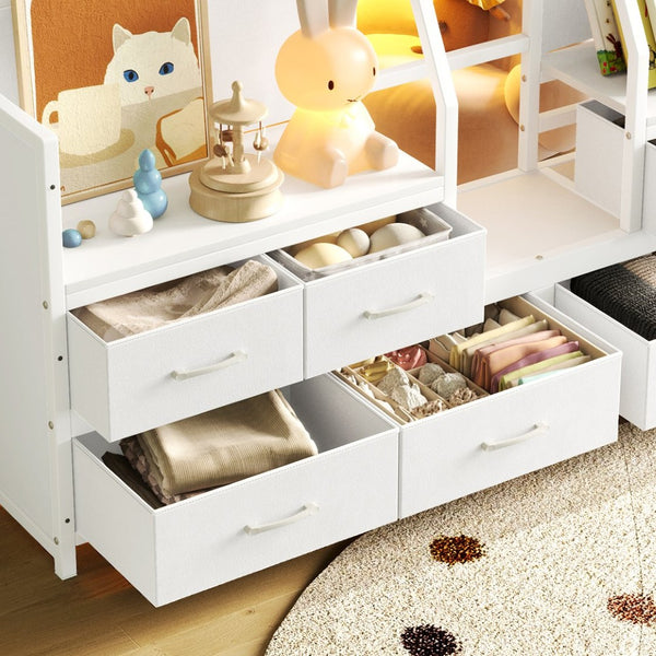 English Elm Twin Low Loft Bed with Shelves Fabric Drawers and Under Bed Study Nook Metal Frame Light White W5305S00042