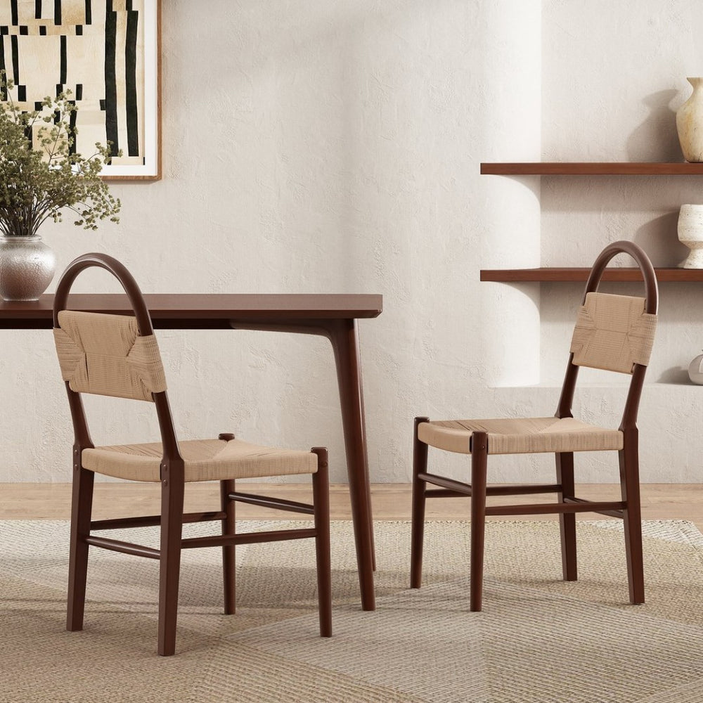 English Elm Modern Handwoven Paper Cord Dining Chairs Rubberwood Frame Set of 2 for Kitchen N762P368575D