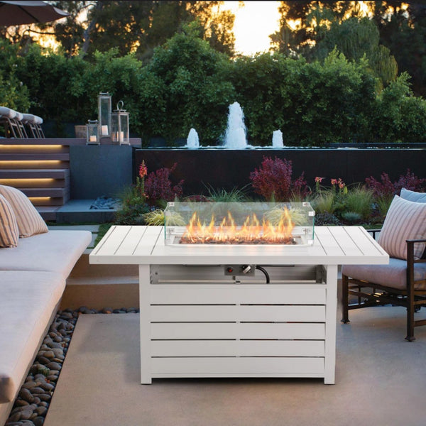 English Elm 54.3 Inch Aluminum Rectangular Propane Fire Table with Convertible Lid for Patio White B082S00070