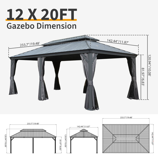 English Elm 12' X 20' Hardtop Gazebo - Durable Steel Roof, Insect Protection, Drainage & Privacy Curtains For Outdoor Fun W1859S00146