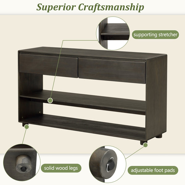 English Elm TREXM Elegant Console Table with Drawers and Shelf, Solid Wood Legs, Sleek No-Handle Design for Entryway Espresso N715P233434P