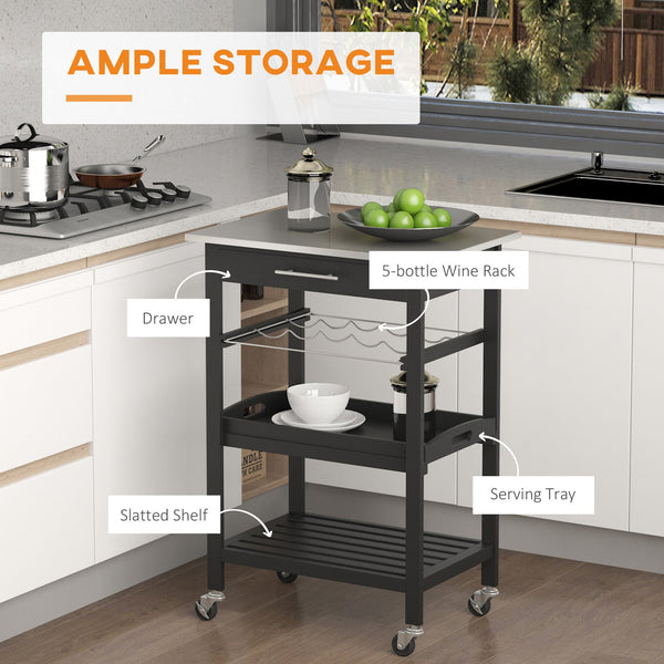 English Elm HOMCOM Kitchen Island Cart with Stainless Steel Top, Wine Rack, Drawer & Rolling Wheels for Easy Storage and Serving Black W2225P229351