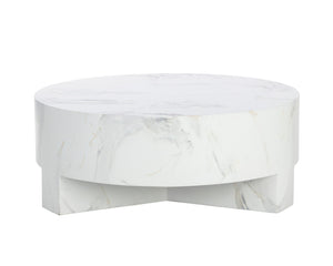Sunpan Mirella Coffee Table - Modern Circular Design in Sealed Concrete with White Marble Finish & Unique Veining