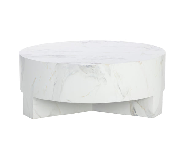 Sunpan Mirella Coffee Table - Modern Circular Design in Sealed Concrete with White Marble Finish & Unique Veining