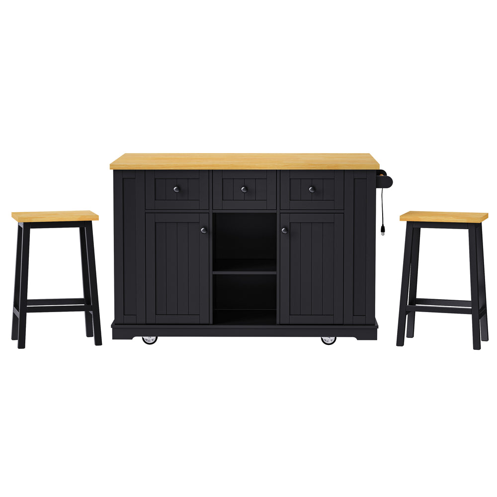 English Elm K&K 53" Large Kitchen Island with 2 Stools, Built-In Power Station, Wheels, Drop Leaf & Ample Storage Black N707S000007B