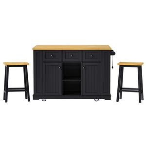 English Elm K&K 53" Large Kitchen Island with 2 Stools, Built-In Power Station, Wheels, Drop Leaf & Ample Storage Black N707S000007B