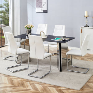 English Elm Table Set With Black Marble-Patterned Top & Stainless Steel Legs, 6 White Pu Chairs For Elegance W1151S01958-GIGA