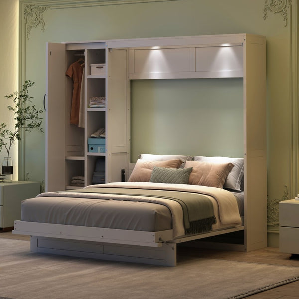English Elm Full Size Murphy Bed with Open Shelving Wardrobe and Led Lighting for Studio Spaces White LP000898AAK