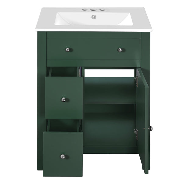 English Elm 24" Modern Bathroom Vanity with Ceramic Basin, French Country Cross-Grid Design & Soft-Close Drawers Green N710P280655F