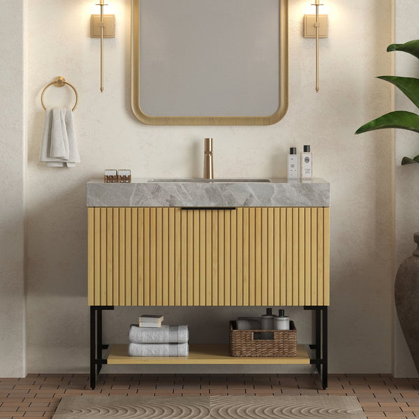English Elm YOLAN 36" Bathroom Vanity with Integrated Solid Surface Basin, Pre-Assembled Plywood Cabinet, Soft-Close Drawer and Open Towel Shelf Black,Golden Oak,Light Gray,White W2615S00364