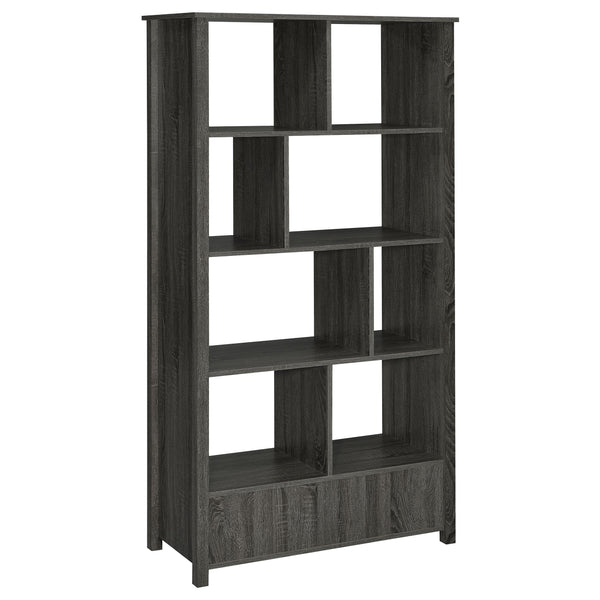 English Elm Dylan Weathered Grey 4-Shelf Bookshelf with Curved Glass Top, Bottom Drawer Storage, Modern 68" Tall B062P344934