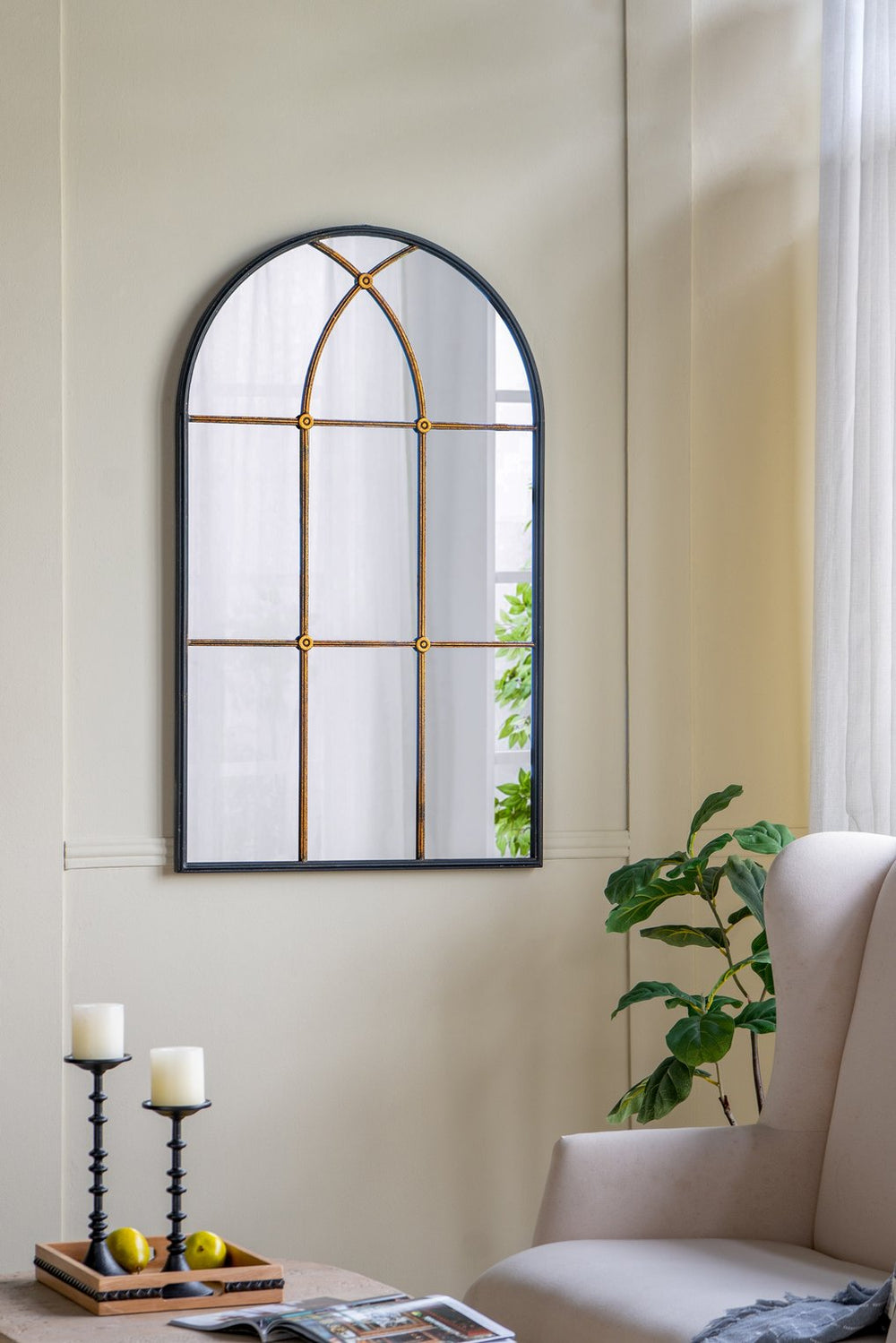 English Elm 28.3x47" Arched Wall Mirror with Baroque-Inspired Black & Gold Windowpane Frame, Elegant Accent for Entryway W2078P372545