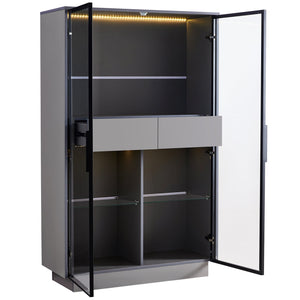 English Elm 60.6'' Contemporary Display Cabinet with LED Lighting, Tempered Glass Doors, Adjustable Shelves & Drawers - Grey, Modern Freestanding Storage for Living Room, Office, Kitchen N845P261799E