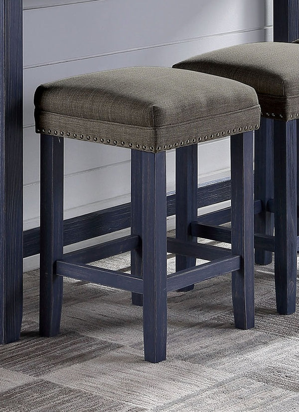 English Elm 4pc Dining Table Set 64"L with 3 Upholstered Stools Nailhead Trim USB Power Outlet Antique Blue B2741P384391