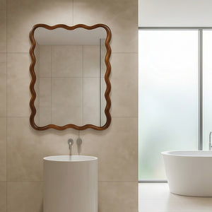 English Elm Black Walnut Solid Wood Wavy Round Mirror Sculptural Bohemian Wall Accent 30 Inch W2203P455235