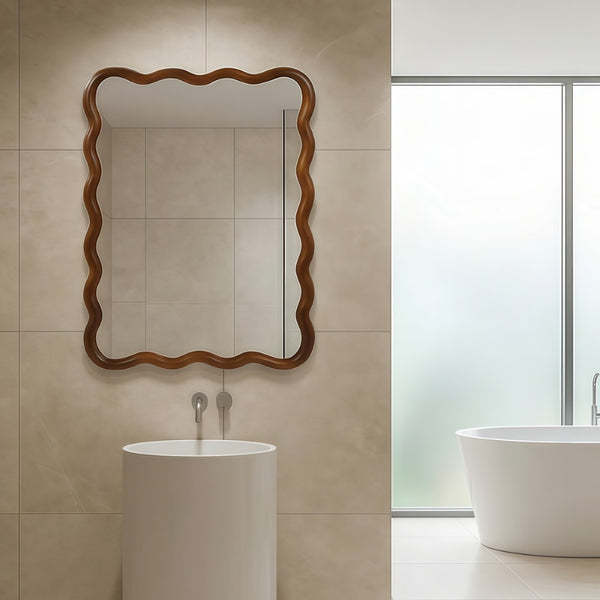 English Elm Black Walnut Solid Wood Wavy Round Mirror Sculptural Bohemian Wall Accent 30 Inch W2203P455235