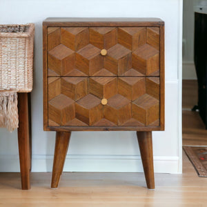 English Elm Chestnut Solid Wood Cube Bedside Nightstand with Carved Front, Nordic Legs, 2 Drawers, Brown Finish B182P166503