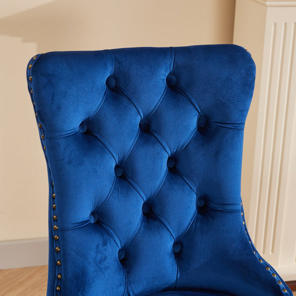English Elm Mid-Century Tufted Velvet Dining Chair with Lion Head Ring, Nailhead Trim, Solid Wood Legs Blue W1143P193169
