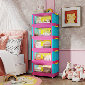 English Elm Happy 20" Side Wide Folding Storage Cabinet with 5 Tiers, Wheels, Magnetic Door, Durable PP Design Pink+Blue W2873P279886