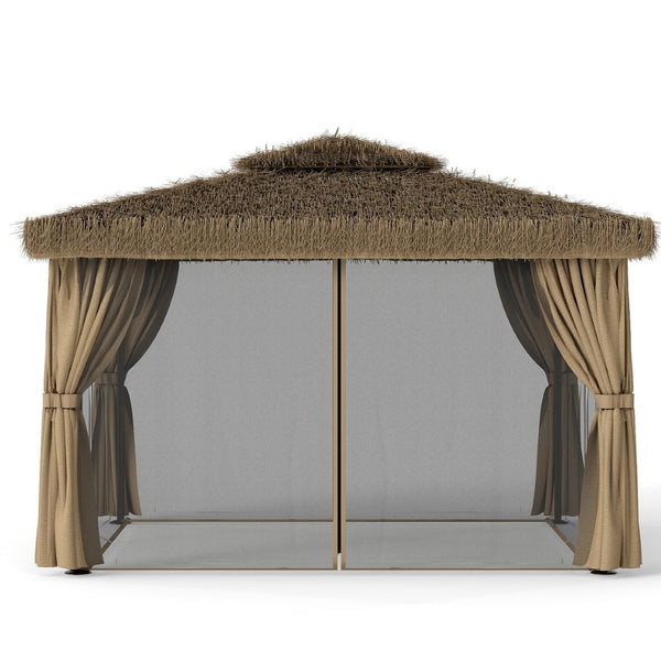 English Elm Outdoor Hawaiian Tiki Gazebo with Pe Thatch Roof Aluminum Frame and Mosquito Net T3963S00001