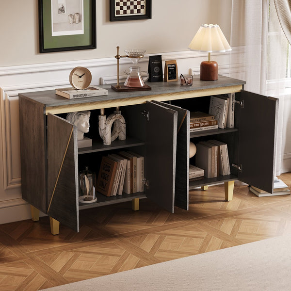 English Elm TREXM Retro Buffet Cabinet with Distressed Veneer, Dimensional Panel Doors, Solid Wood Legs, Storage, 65" Dark Gray,Light Gray N715P290575E