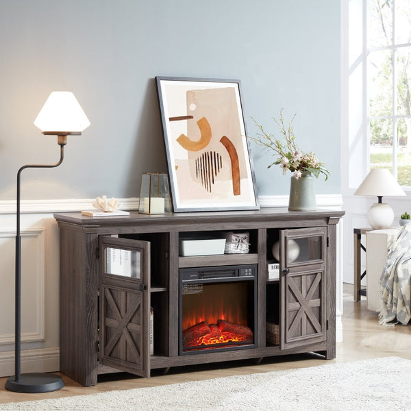 English Elm 2 Door Farmhouse Tv Console with Electric Fireplace Barn Style Grey Finish 60 Inch W1758S00025