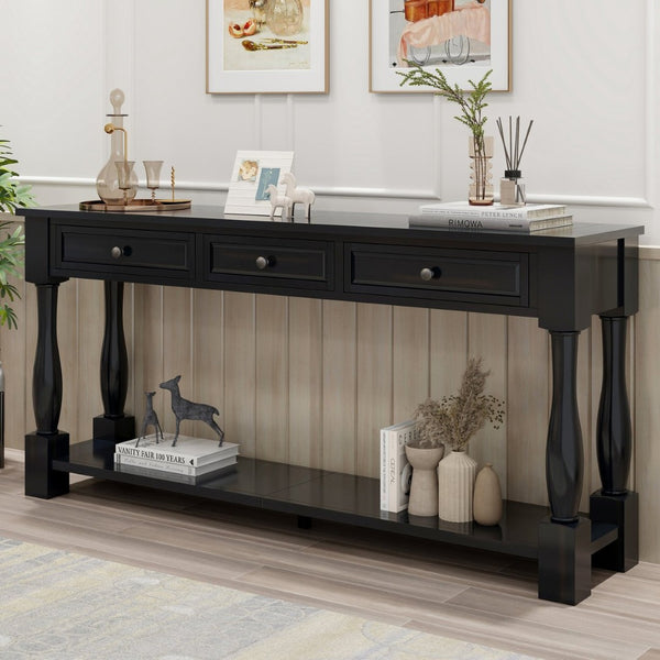 English Elm Trexm Distressed Entryway Console Table Three Drawers Open Shelf Mediterranean Wood Espresso N715P372052B