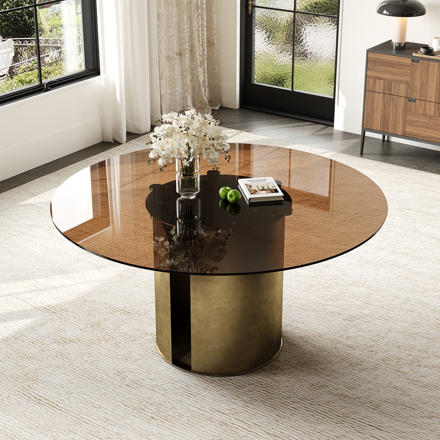 English Elm 59-Inch Round Dining Table - Elegant Dark Brown Glass Top With Antique Copper Steel Legs For 6-8 W509S00145