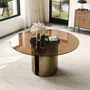 English Elm 59-Inch Round Dining Table - Elegant Dark Brown Glass Top With Antique Copper Steel Legs For 6-8 W509S00145
