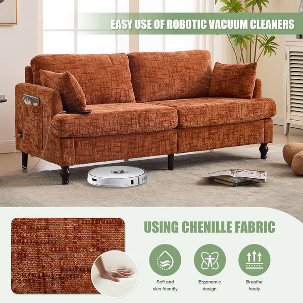 English Elm Modern chenille 2-seater sofa with LED lighting, USB charging, storage pocket, sturdy wood legs Orange W395P318543