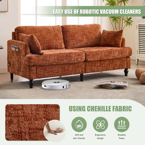 English Elm Modern chenille 2-seater sofa with LED, USB charging, storage pocket, solid wood legs, durable comfort Orange W395P318543