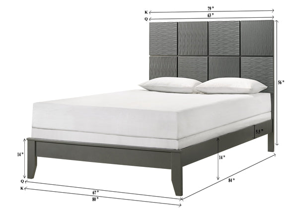 English Elm 1Pc Queen Size Bed With Geometric Textured Panels & Gunmetal Finish - Modern Bedroom Centerpiece B2741S00283