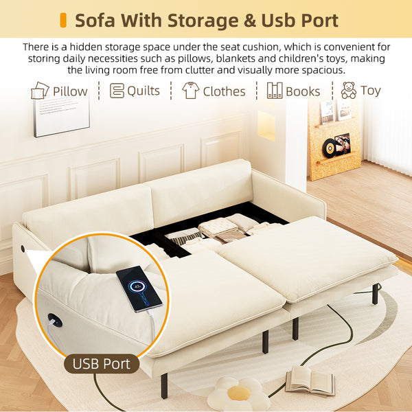 English Elm 4-Seat Convertible Sleeper Sofa Bed Chenille Upholstery Deep Seat Storage USB Port Modern Pull-Out Beige+White W1885S00214