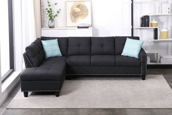 English Elm Black Faux Leather L Shaped Sectional with Cup Holders Nailhead Trim Storage Charcoal Grey B2730S00029