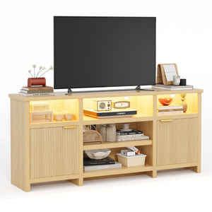 English Elm Highboy Media Console with Led Lighting Fluted Panels and Storage for Living Room T3773P416497