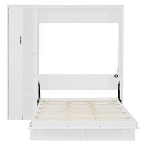 English Elm Full Size Murphy Bed with Open Shelving Wardrobe and Led Lighting for Studio Spaces White LP000898AAK