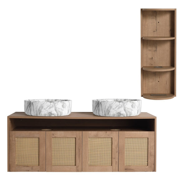 English Elm 48" Floating Bathroom Vanity Oak Finish Dual Ceramic Sinks Soft Close Plywood Cabinet W999S00506