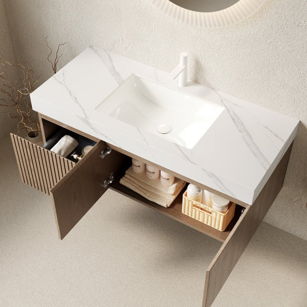English Elm Muri Floating Bathroom Vanity Plywood Cabinet Sintered Stone Top Woodgrain Finish W2615S00627