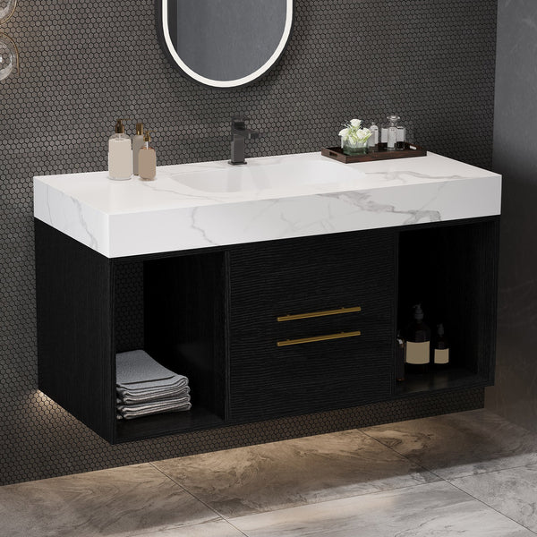 English Elm 39.4" Floating Bathroom Vanity with Ceramic Sink, Solid Wood, Faux Marble Top, Gold Handles, 39.4" W3136S00002