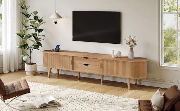 English Elm [Assembly Wooden Oval Fluted TV Stand with Charging Station, 74.8" Mid-Century Media Console w/ Sliding Door and Gold Accents Natural N721P297567L
