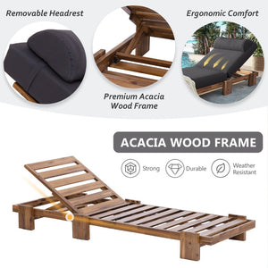 English Elm U_style Acacia Wood Outdoor Chaise Lounge with Retractable Tray and Padded Headrest Dark Gray WY000473AAE