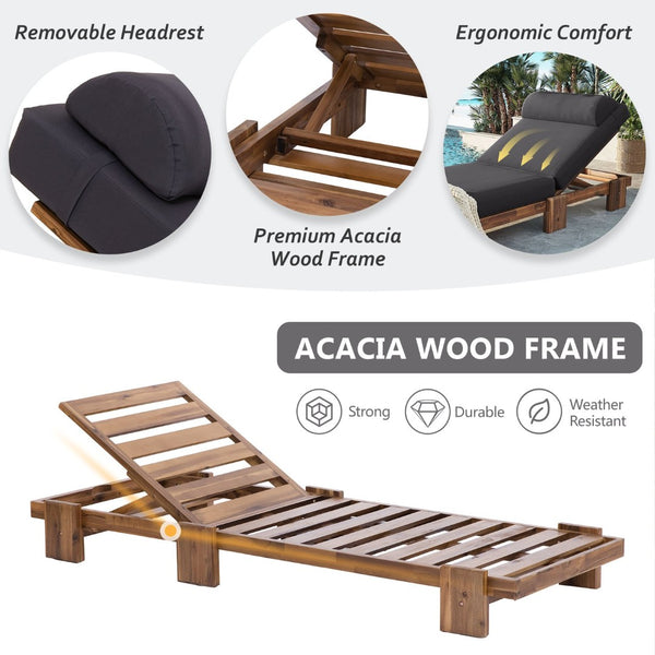 English Elm U_style Acacia Wood Outdoor Chaise Lounge with Retractable Tray and Padded Headrest Dark Gray WY000473AAE