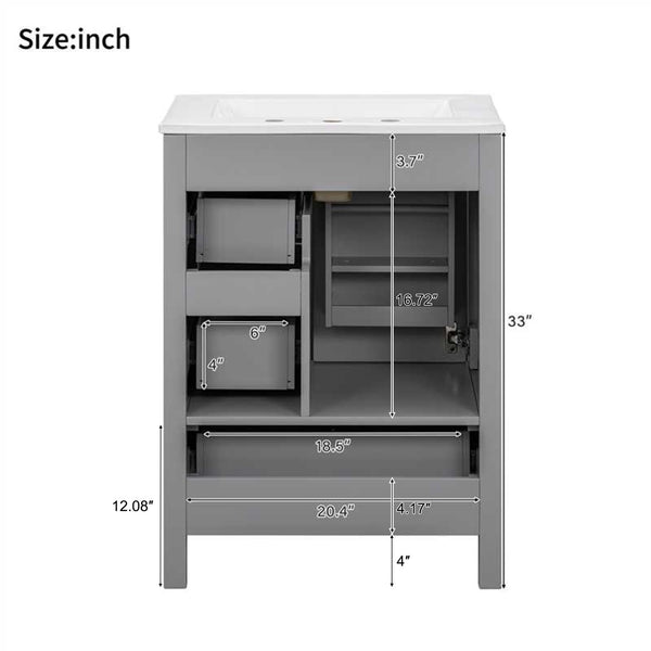 English Elm Modern 24 Inch Bathroom Vanity Solid Wood Cabinet with Ceramic Sink and Soft Close Storage Gray N729P292859E